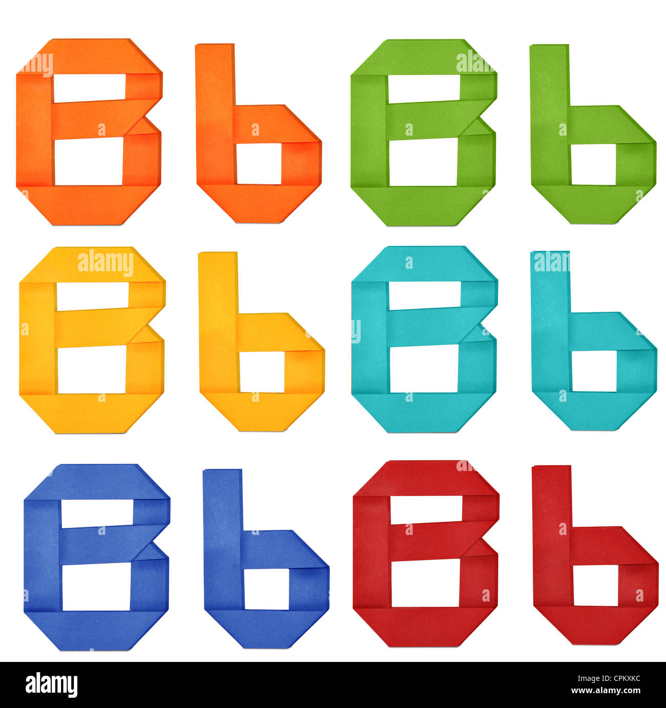 Ensemble de majuscule et minuscule 'B' dans diverses couleurs. Lettre alphabet Origami sur fond blanc. Banque D'Images