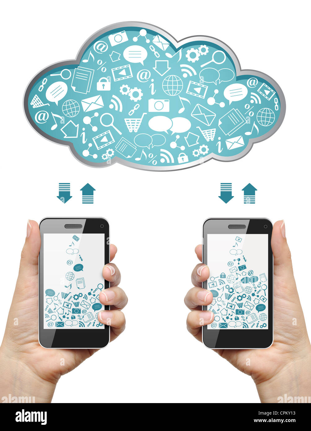 Les téléphones mobiles de femmes télécharger les informations d'un nuage isolé sur blanc. Le concept de cloud computing. Banque D'Images