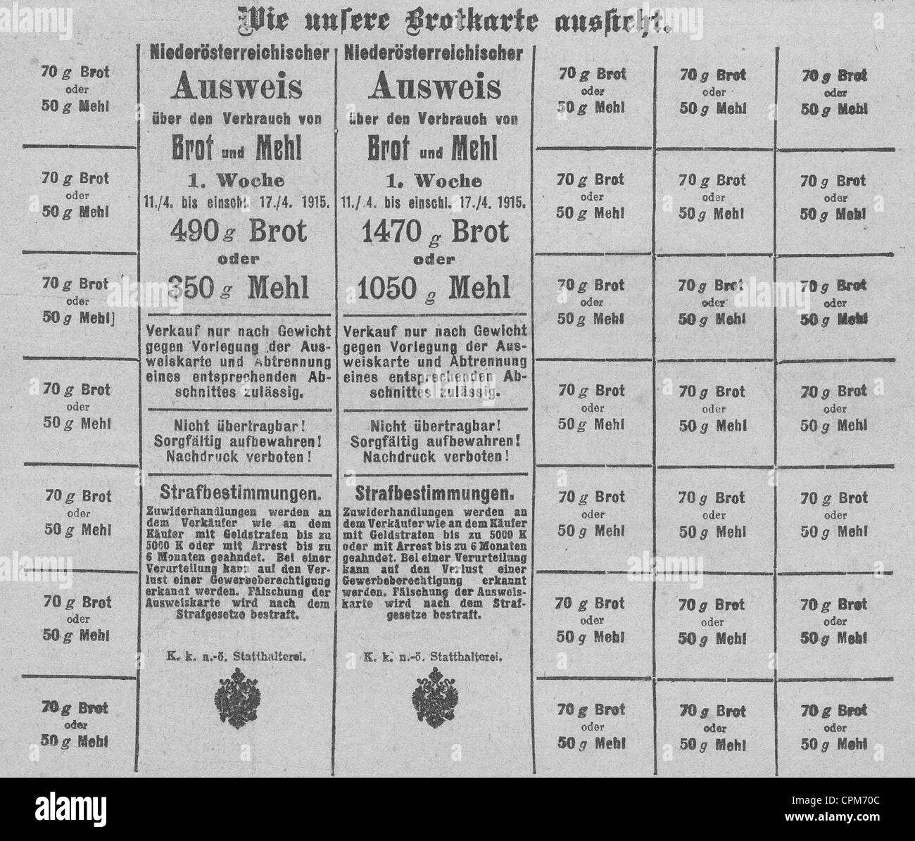 Carte de pain autrichien lors de la PREMIÈRE GUERRE MONDIALE, 1915 Banque D'Images