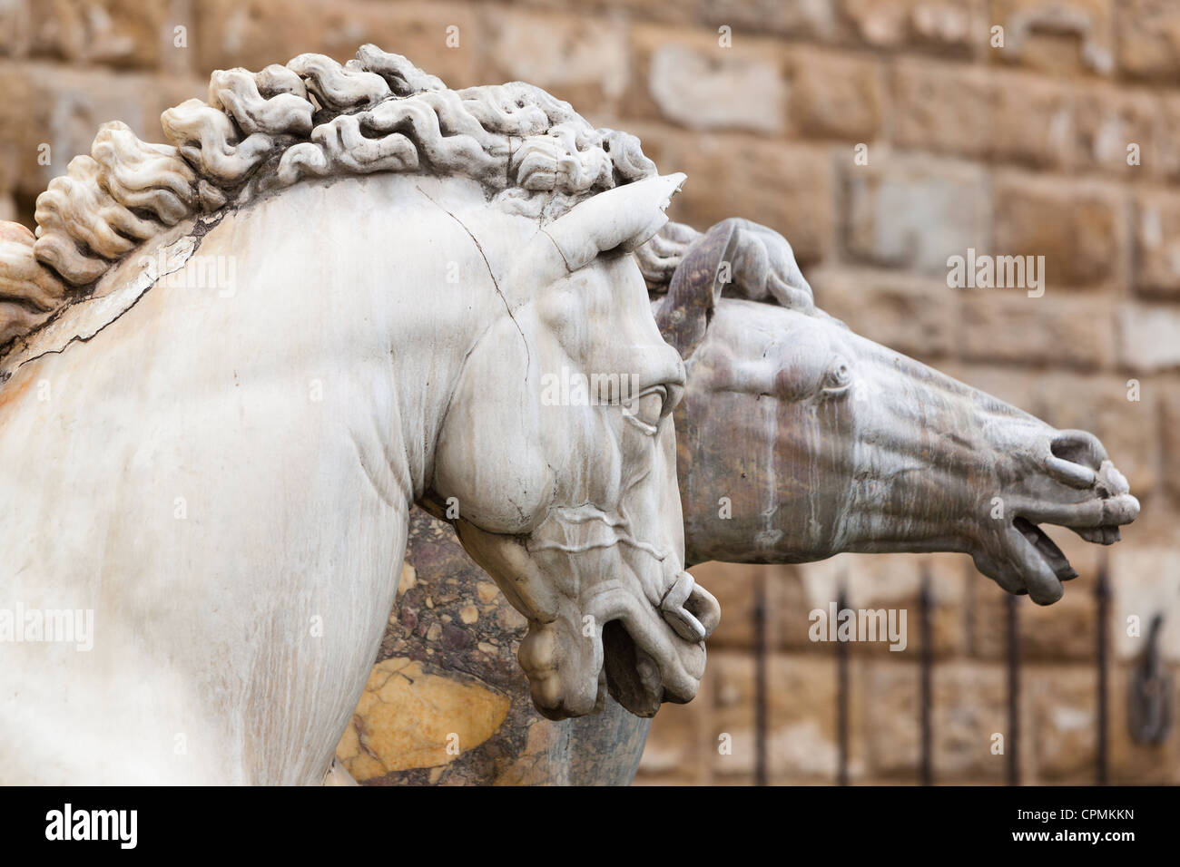 Détails de l'chevaux à la fontaine de Neptune, Piazzo della Signoria Florence Toscane Italie Banque D'Images