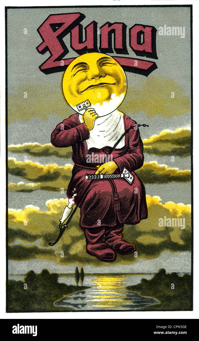 Publicité, cosmétiques, rasoir lame, marque Luna, homme comme la lune, assis sur un nuage, Allemagne, vers 1912, droits supplémentaires-Clearences-non disponible Banque D'Images