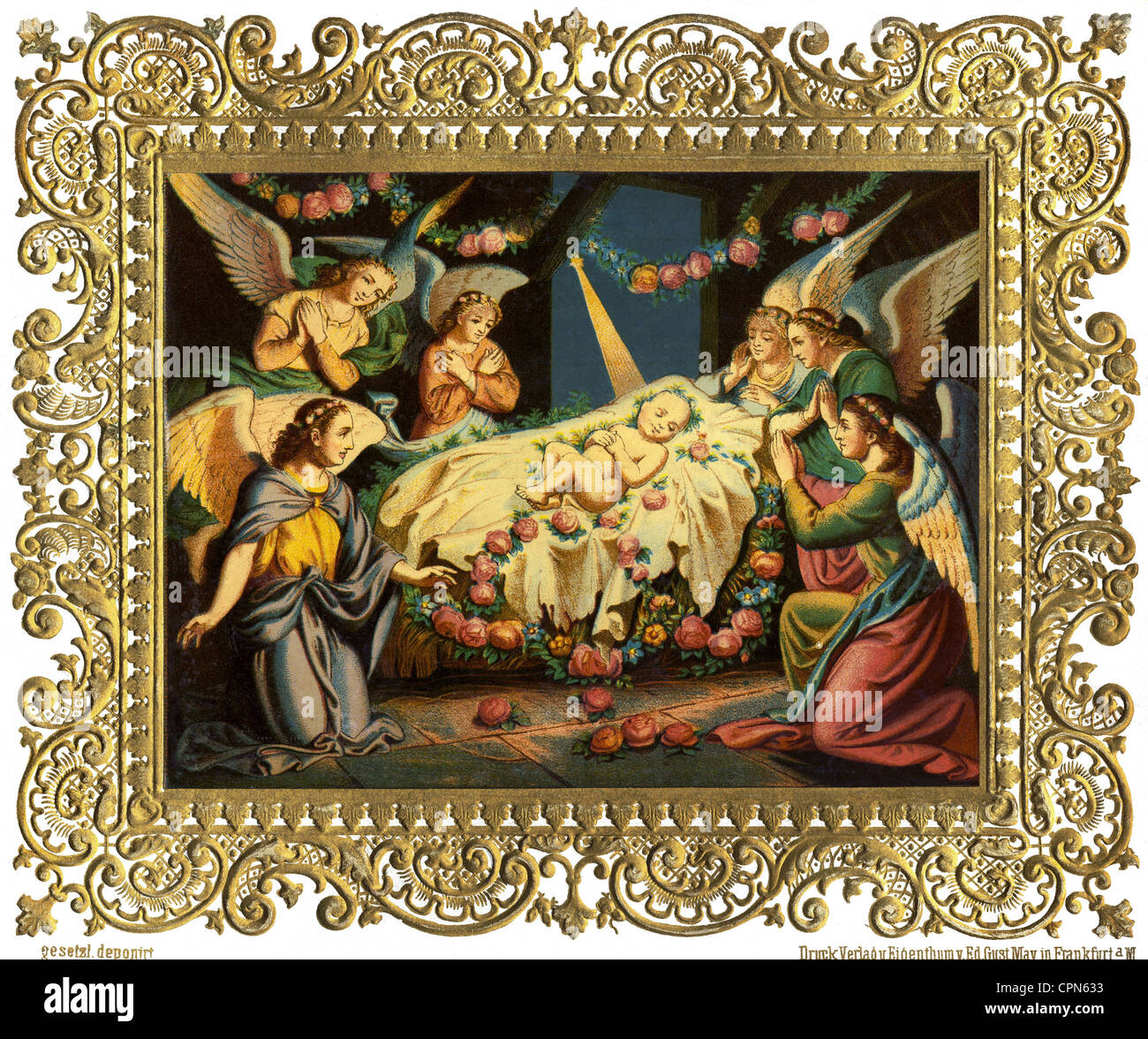 Noël, le bébé Jésus dans la crèche, lithographie, édité par Ed. Rafale. Mai, Francfort, Allemagne, vers 1880, droits additionnels-Clearences-non disponible Banque D'Images