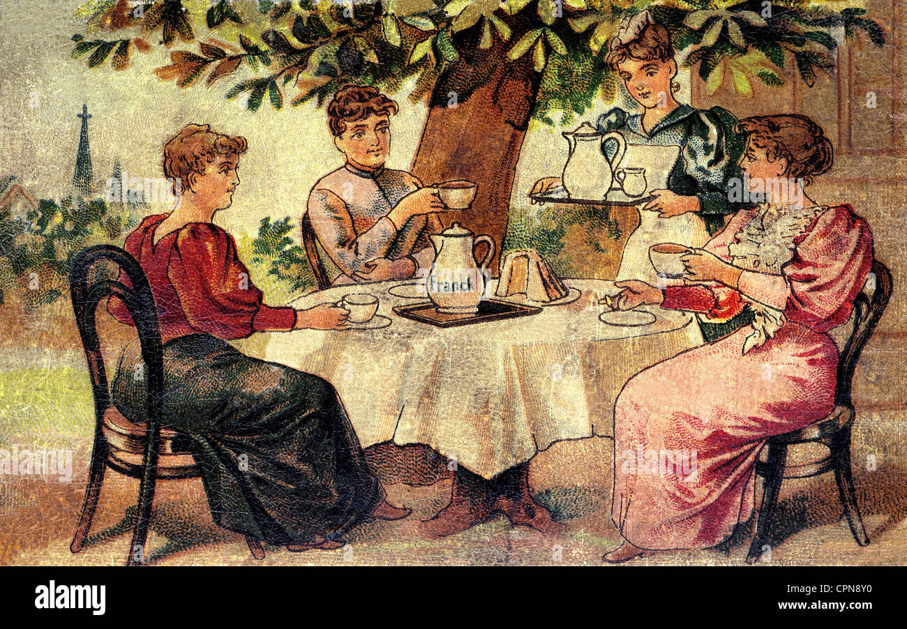 café, trois femmes assises à une table de jardin, caféinate, motif sur une boîte de café Franck, Allemagne, vers 1890, droits supplémentaires-Clearences-non disponible Banque D'Images