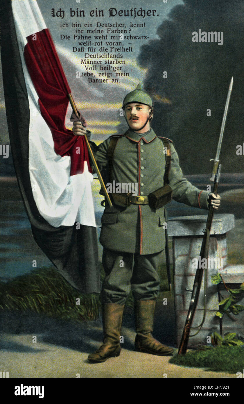 Première Guerre mondiale / première Guerre mondiale, soldat, drapeau allemand dans les couleurs noir-blanc-rouge, disant 'ICH bin ein Deutscher' (je suis allemand), Allemagne, 1915, droits supplémentaires-Clearences-non disponible Banque D'Images