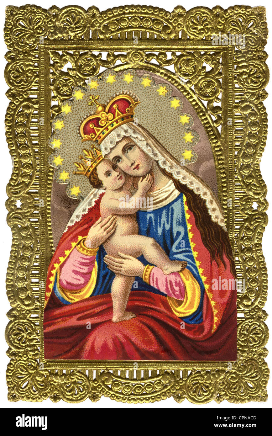 Religion, Christianisme, Madonna, Vierge mère avec le bébé Jésus, carte sainte, Allemagne, vers 1880, droits additionnels-Clearences-non disponible Banque D'Images
