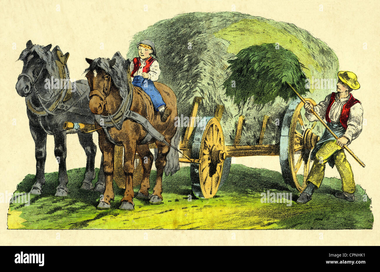 Vieux chariot à foin et grange Banque de photographies et d’images à
