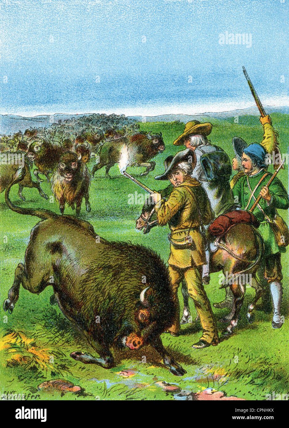 Chasse, chasse au gros gibier, chasse au bison, troupeau de buffles et chasseur, vers 1780, États-Unis, 1886, buffles, chasseur de buffles, bison américain, buffle américain, bisons, troupeau de bisons, trappeur, trappeurs, tir, pousse, grenaille, exterminer, extermination, prairie, Amérique, américain, troupeau, chasse, chasse, gros gibier, chasse, gros gibier, chasse, gibier, gibier, gibier, chasse aux animaux, gros gibier, chasse, gibier, gibier, gibier, gibier, gibier, gibier, gibier, gibier, gibier, gibier, gibier sauvage Animaux, historiques, historiques, XIXe siècle, XVIIIe siècle, personnes, droits additionnels-Clearences-non disponible Banque D'Images
