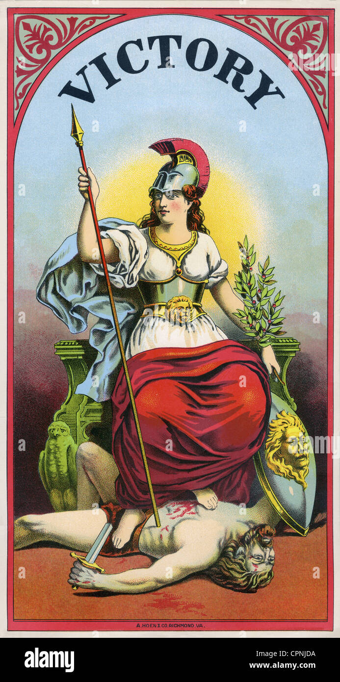 Victoria, divinité romaine, impersonation de la victoire, pleine longueur, lithographie, décoration pour boîtes à cigares, États-Unis, vers 1895, Banque D'Images