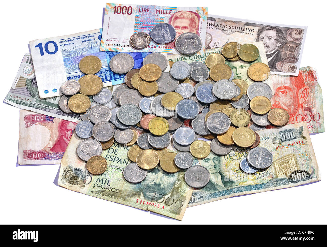 Monnaie / Finances, Europe, monnaie européenne avant le lancement de l'euro 2002, lire italienne, shilling autrichien, Peseta espagnole, peseta, drachma grec, gulden néerlandais, franc français et belge, Deutschmark allemand et Pfennigs, Allemagne, vers 1975 - 1985, droits supplémentaires-Clearences-non disponible Banque D'Images