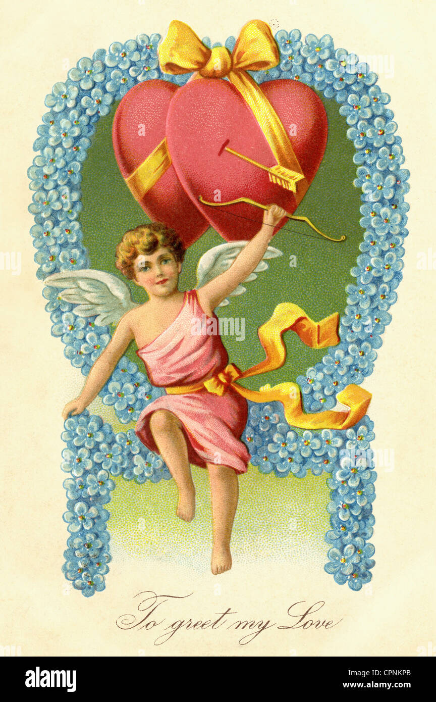 Kitsch/cartes/souvenir, amour angelet éprèrant deux coeurs, Valentin, écrit le 12 février 1910, 'pour saluer mon Amour', carte postale, USA, 1910, droits additionnels-Clearences-non disponible Banque D'Images