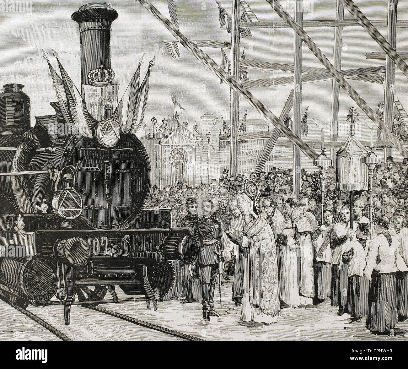 Le Cardinal Archevêque de Tolède bénir la locomotive 'Badajoz' (1879), en présence du roi Alphonse XII. Banque D'Images