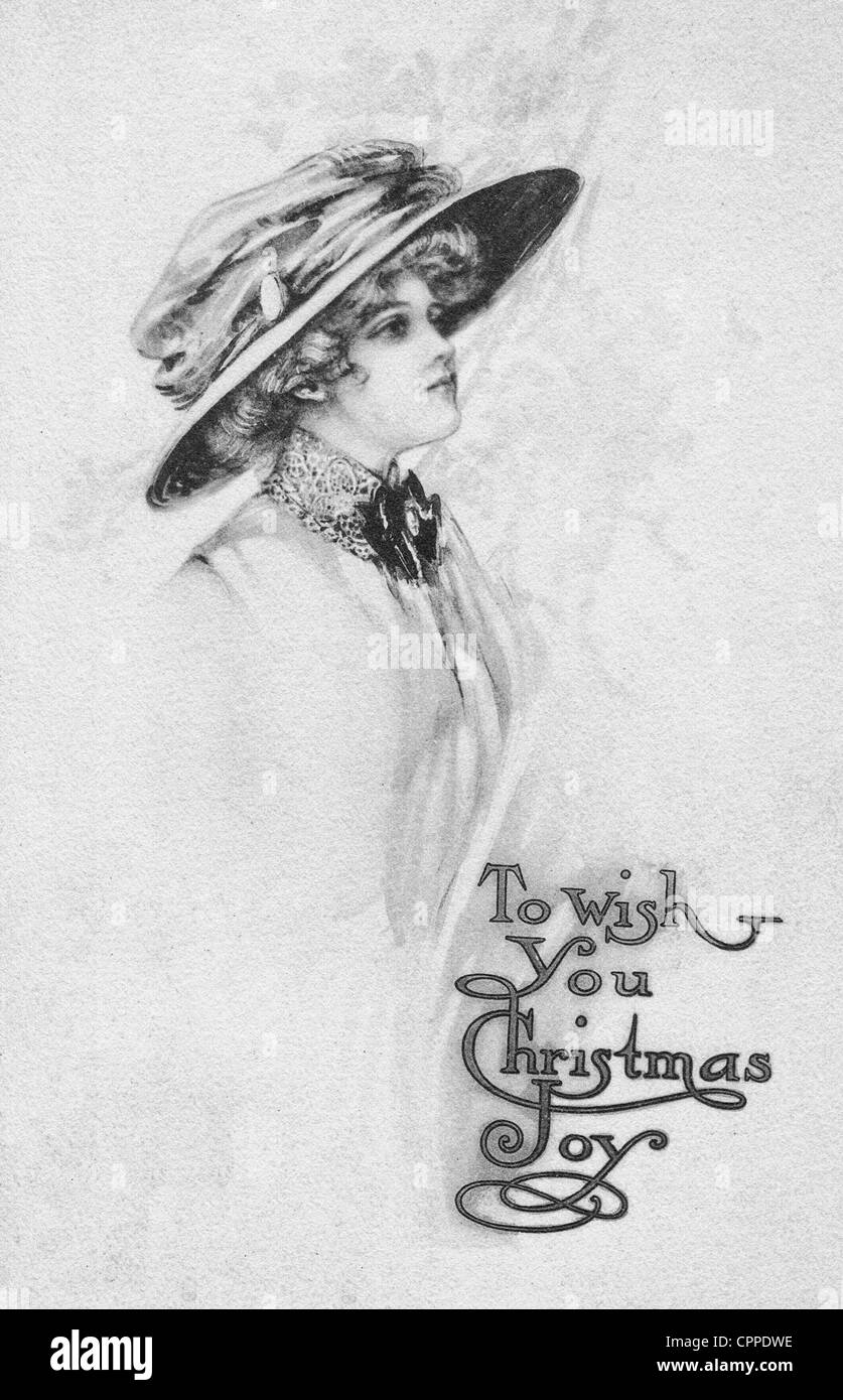 Je vous souhaite la joie de Noël - vintage avec femme en robe de style ancien Banque D'Images