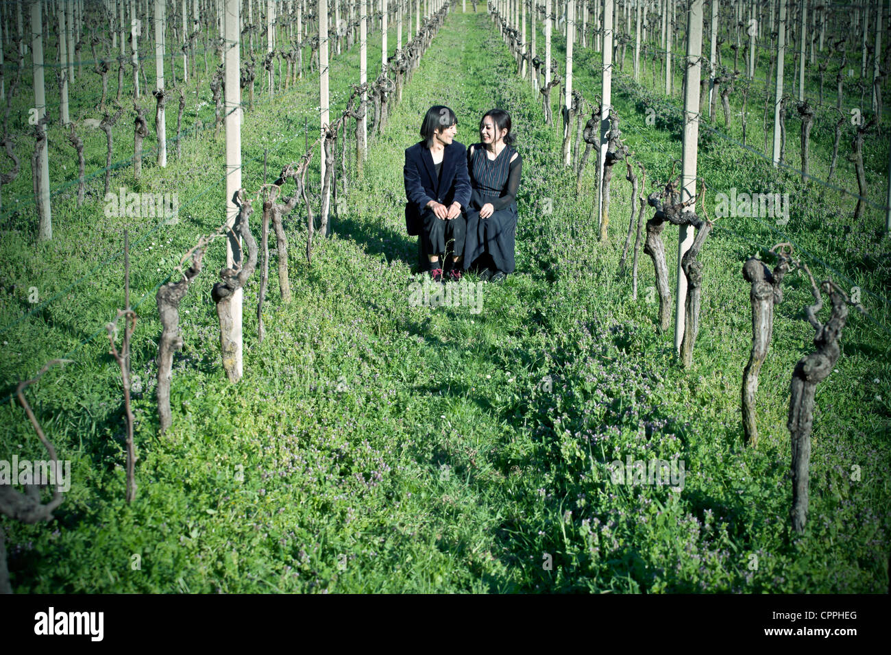 Un couple de vagabond assis au milieu d'un champ de vignes et are smiling Banque D'Images