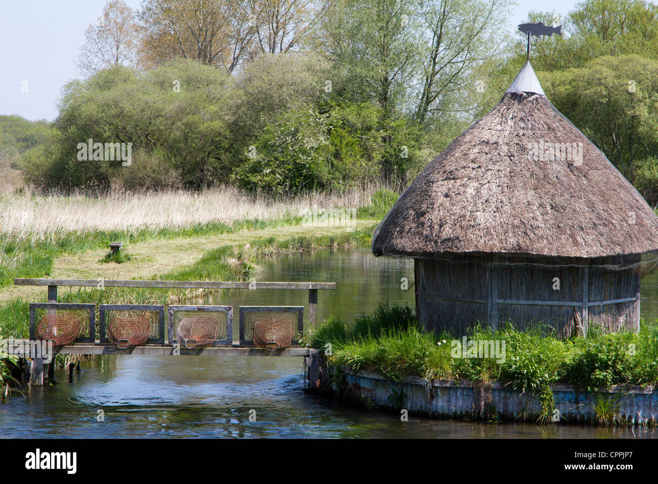 Longstock rivière écluse pièges anguille test hampshire england uk Banque D'Images