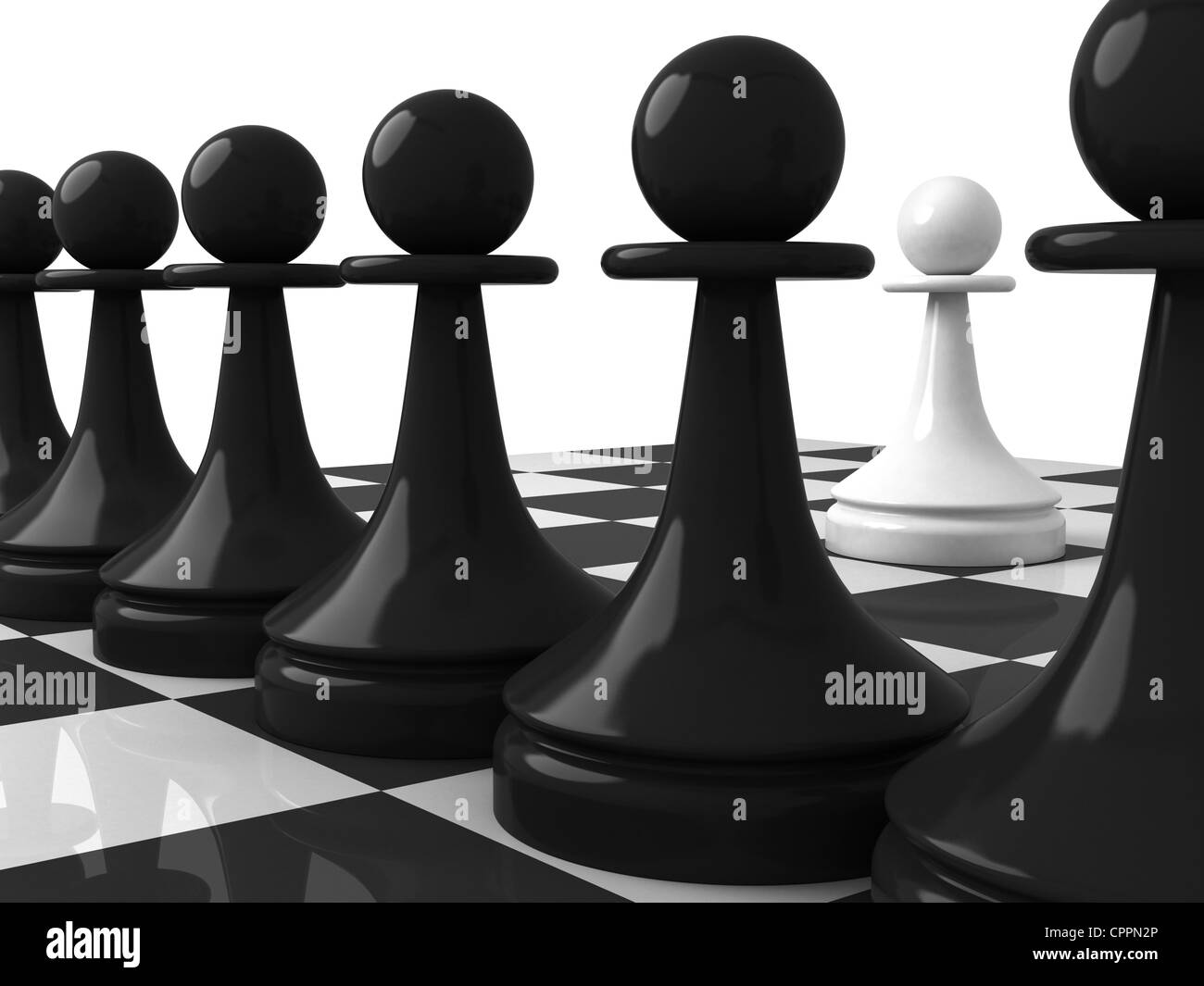 Forme classique pièces des échecs : l'un pion blanc en face de pions noirs sur l'échiquier. Rendu 3d illustration, isolated on white Banque D'Images