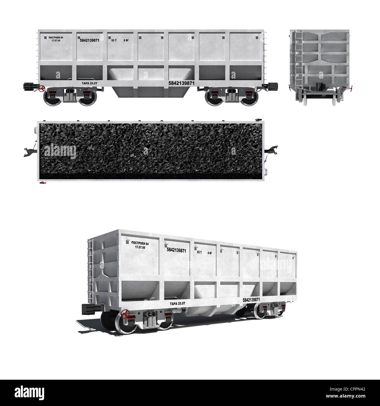 Rendu 3d illustration isolé sur blanc : les projections et en perspective du chariot blanc moderne pour le transport de charbon Banque D'Images