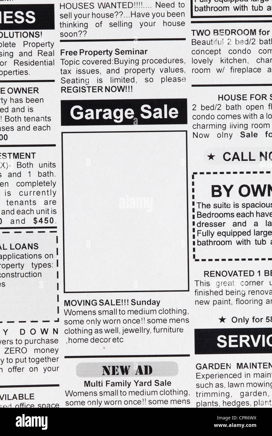 Fausse Annonce, le journal, le concept de vente de garage. Banque D'Images