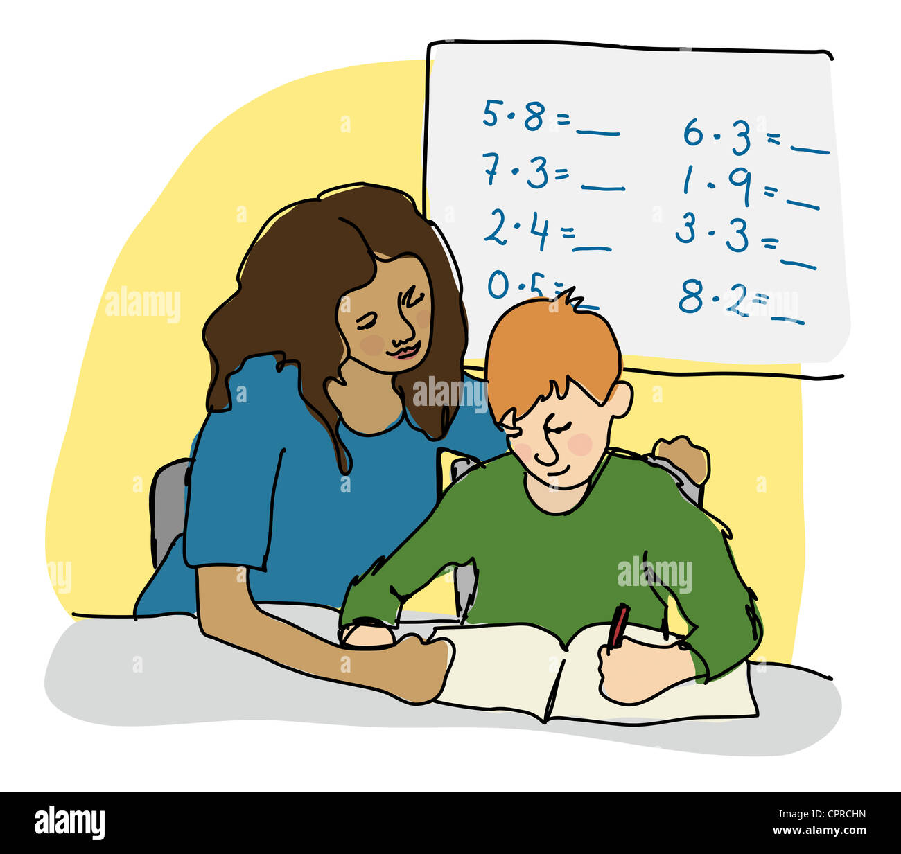 Enseignante l'enseignement d'un garçon de la multiplication. Banque D'Images