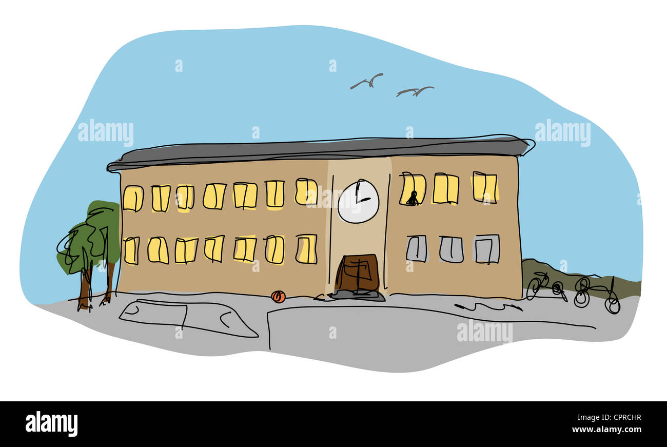 Bâtiment de l'école avec une personne à la recherche sur la cour de l'école vide. Banque D'Images