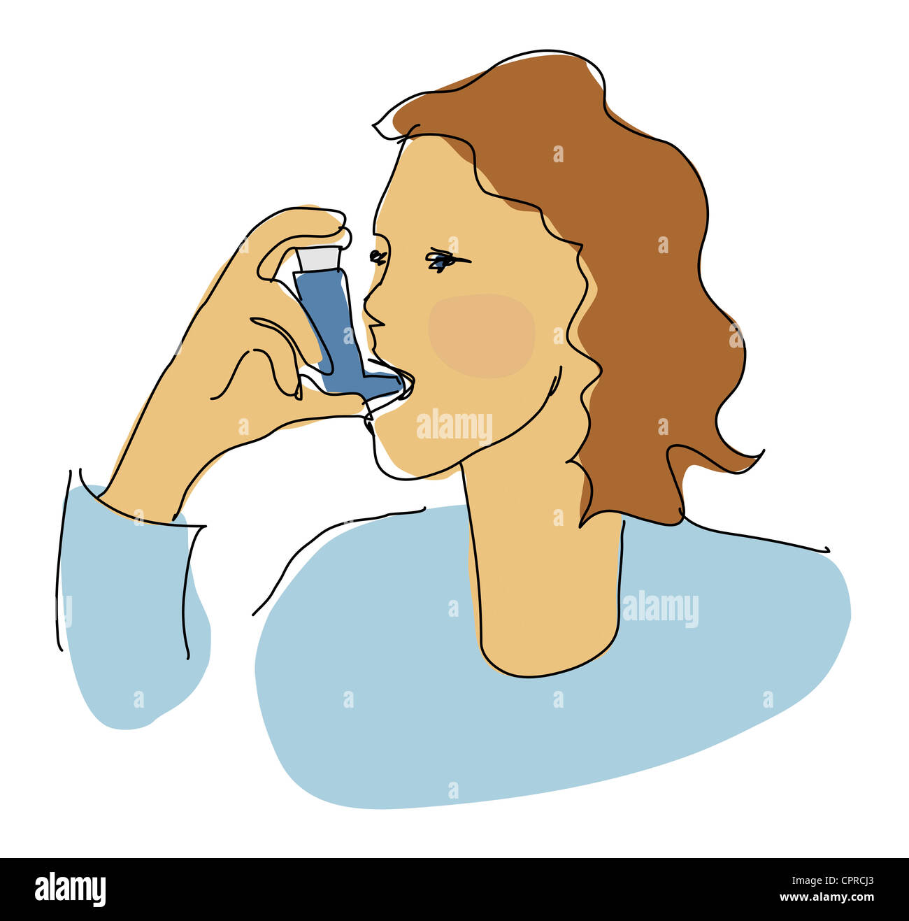 Une femme avec les cheveux bruns de respirer dans son asthme inhalateur. Banque D'Images