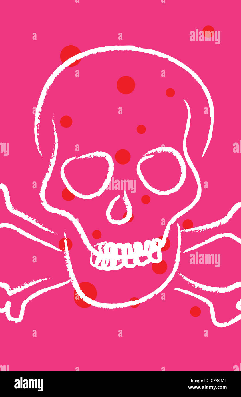 Crâne et os sur rose avec des points rouges. Banque D'Images