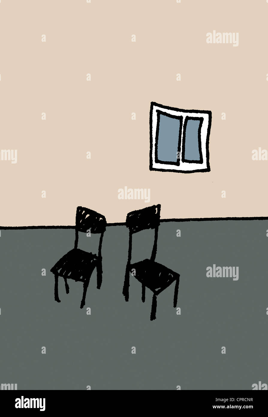 Deux chaises vides dans une salle vide à la grisaille. Banque D'Images
