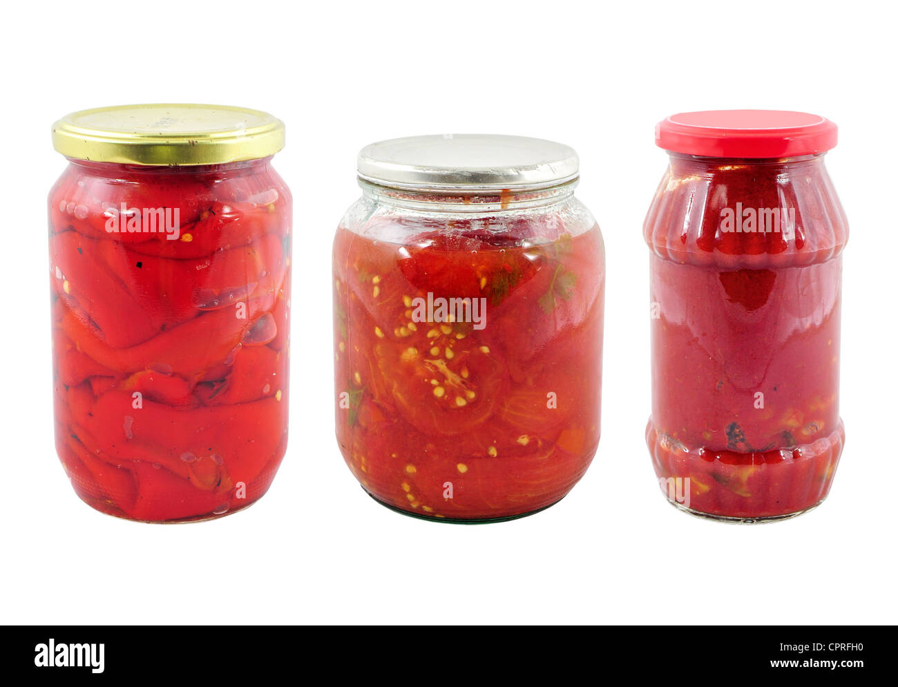 La conservation des aliments. Pots de conserves de tomates et poivrons Banque D'Images