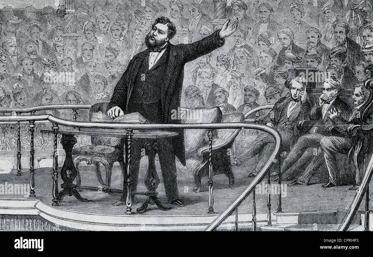 CHARLES SPURGEON (1834-1892) prêche à l'Église baptiste du sud de Londres à l'Elephant and Castle, Londres, vers 1865 Banque D'Images