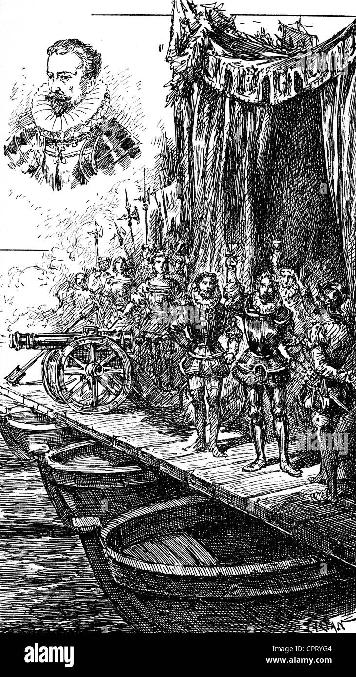 Farnese, Alessandro, 27.8.1545 - 3.12.1592, duc de Parme et Piacenza 18.9.1586 - 3.12.1592, gouverneur des Pays-Bas espagnols 1578 - 1592, avec entourage sur un pont ponton, gravure de bois, XIXe siècle, Banque D'Images