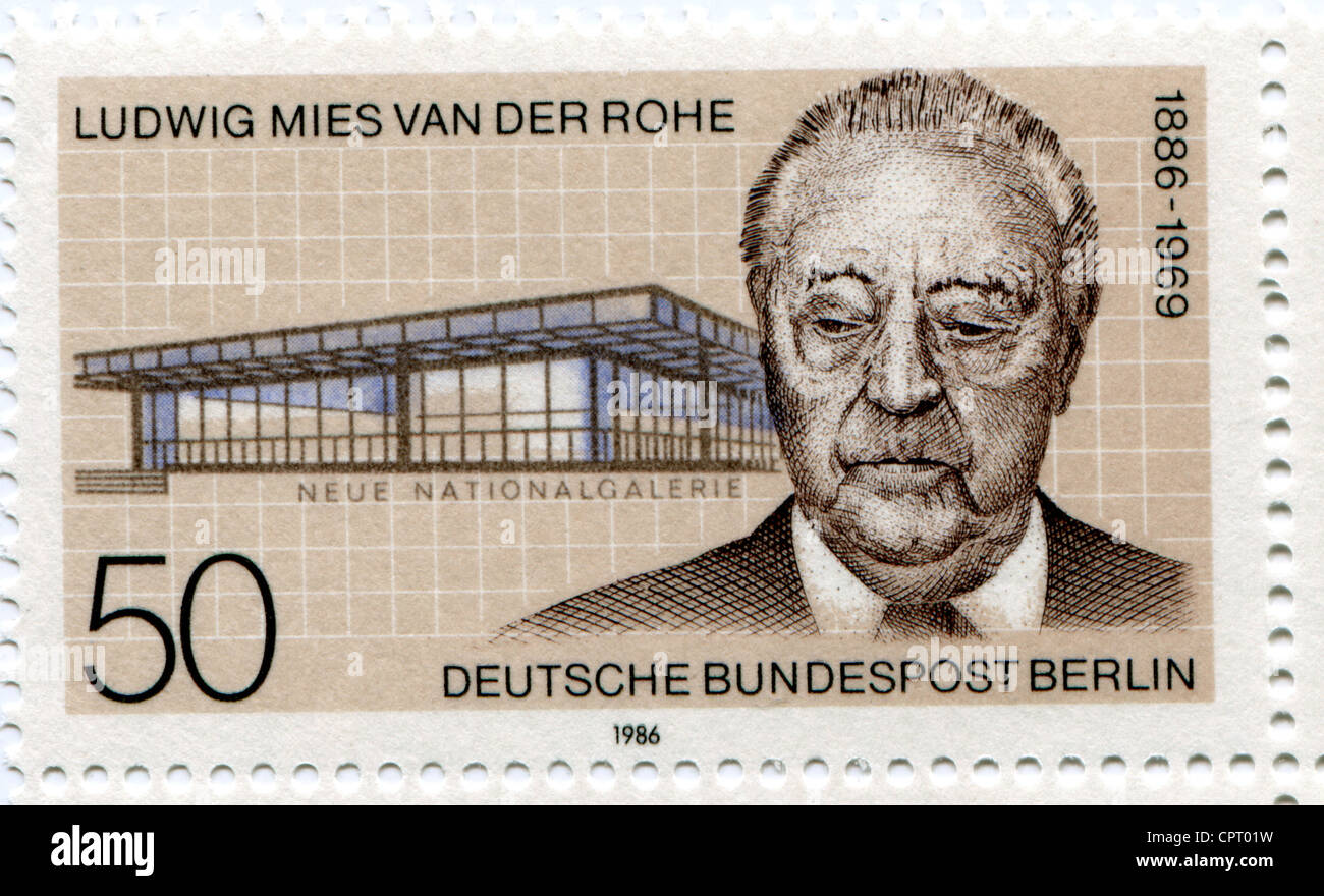 Mies van der Rohe, Ludwig, 27.3.1886 - 17.8.1969, architecte allemand, portrait, 50 pfennig timbre-poste du poste fédéral allemand, Banque D'Images