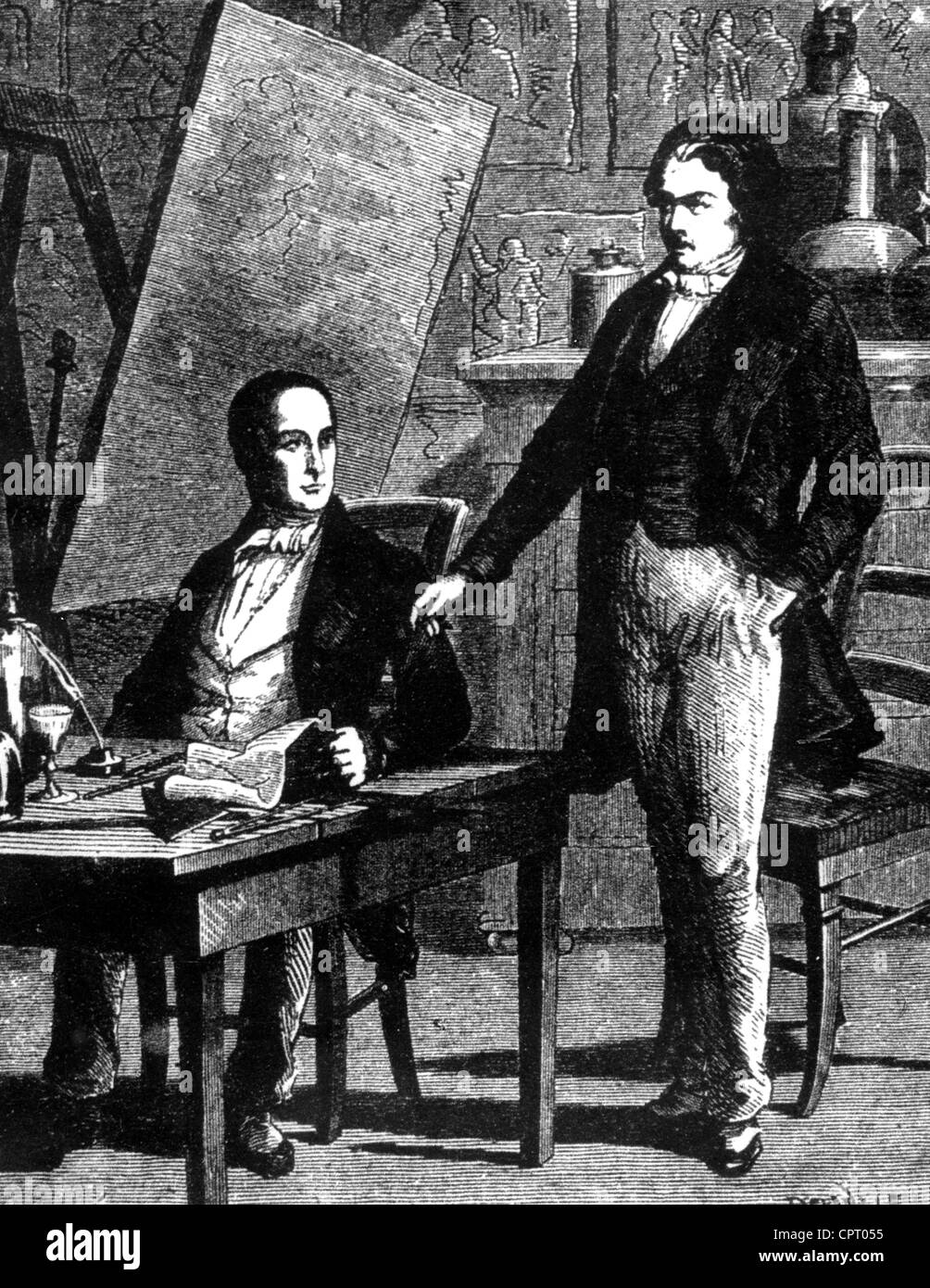 Niepce, Joseph Nicephore, 7.3.1765 - 5.7.1833, scientifique français, co-inventeur de la photographie, pleine longueur, avec Daguerre, gravure sur bois, XIXe siècle, Banque D'Images