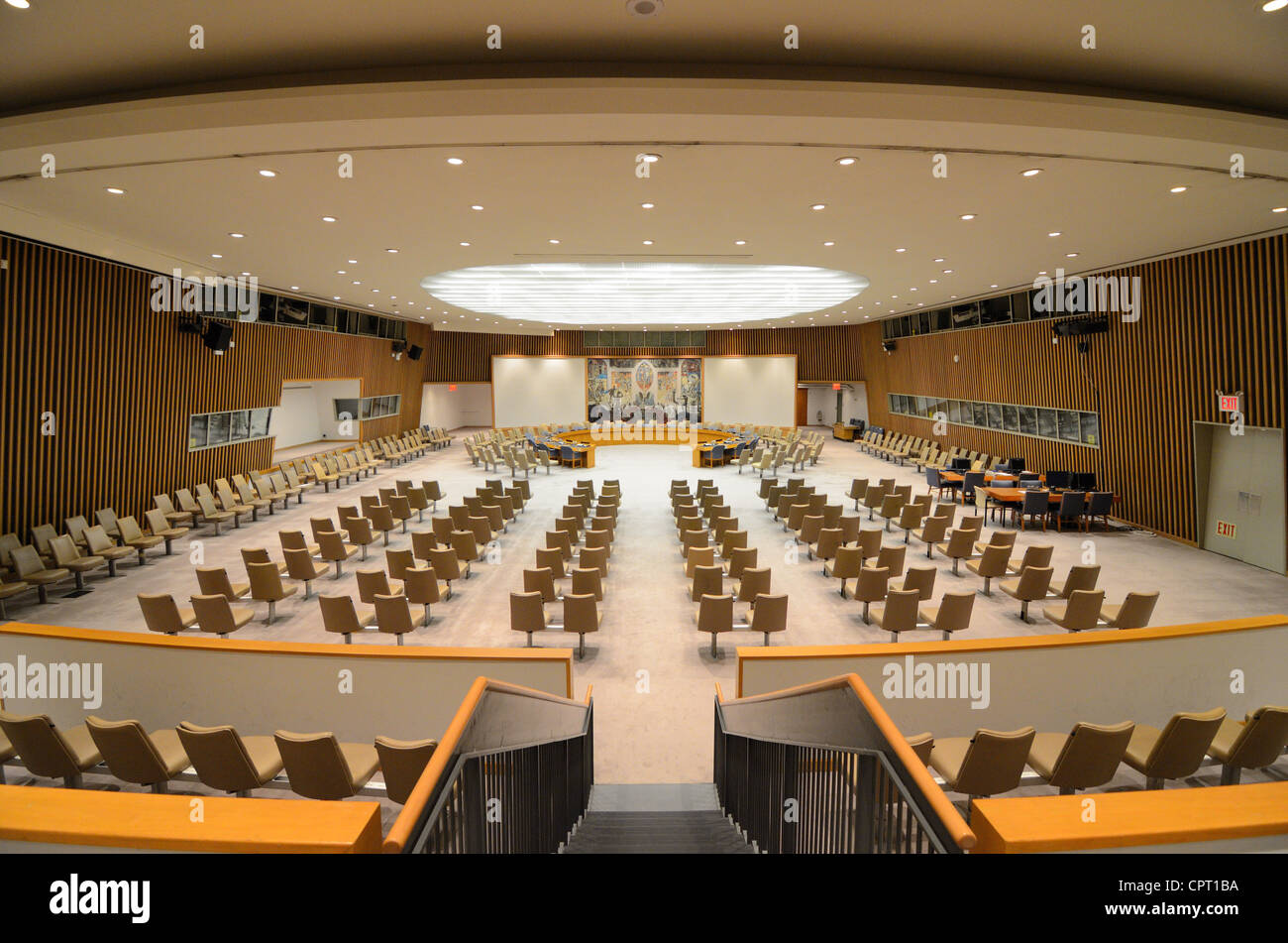 Salle du Conseil de sécurité, au Siège des Nations Unies à New York, New York. Banque D'Images