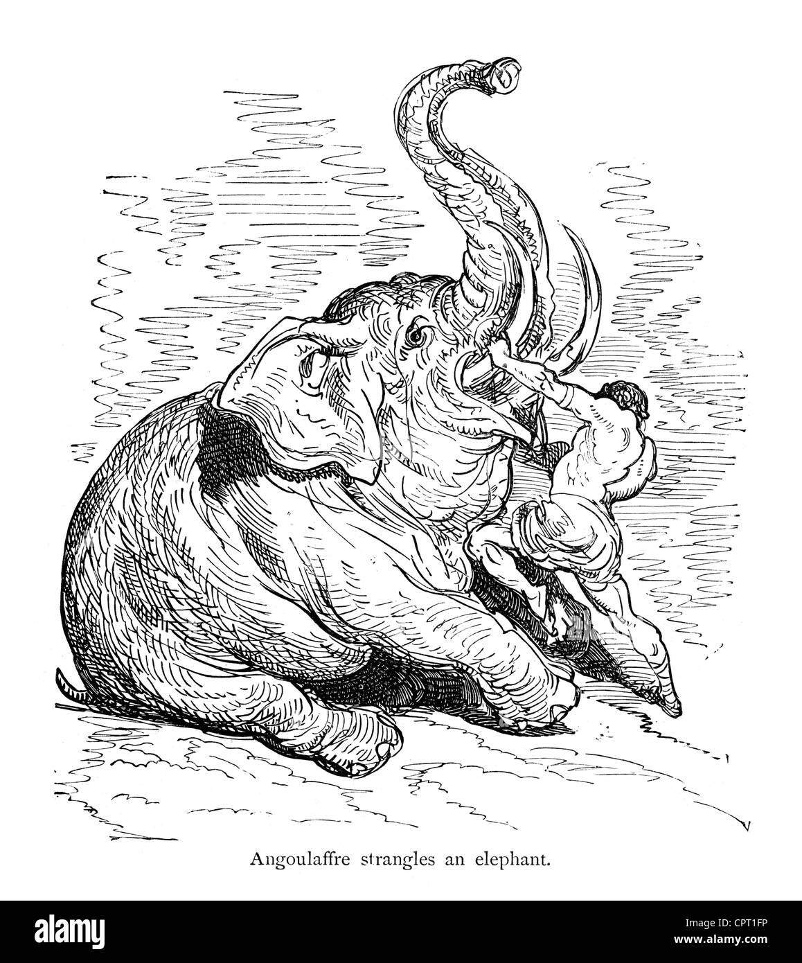 Angoulaffre étrangle un éléphant. Illustration de la légende de Croquemitaine par Gustave Doré Banque D'Images