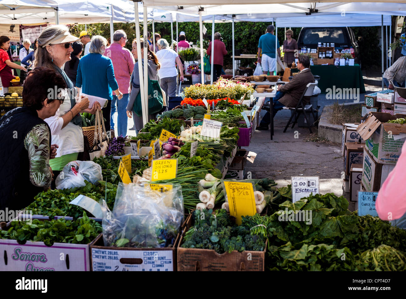 Scènes du marché agricole américain de dimanche Ojai California où tous les produits et les marchandises sont issus de la culture biologique Banque D'Images