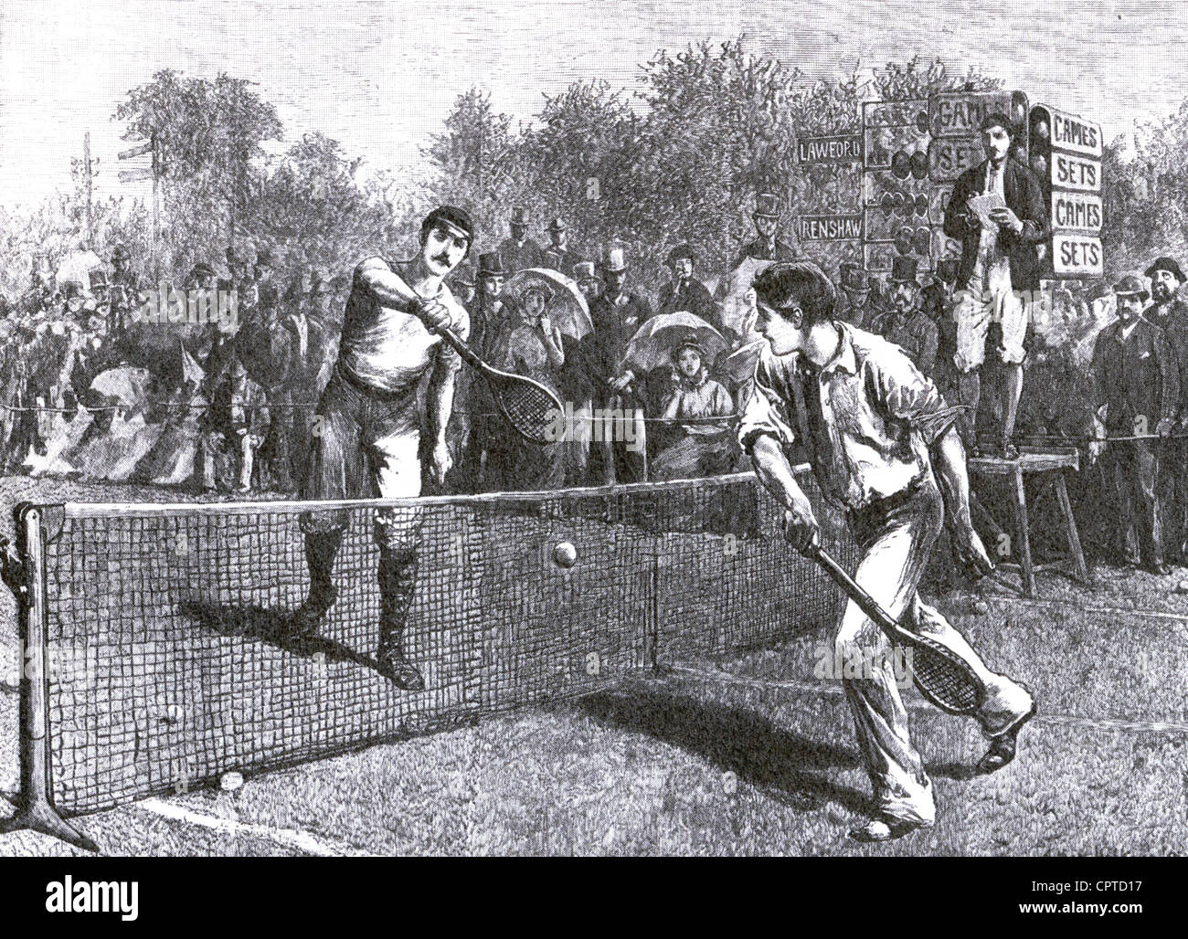 WIMBLEDON 1881 MEN'S match entre William Renshaw à gauche et John Hartley. Renshaw a gagné en trois sets, 6-0, 6-1, 6-1. Banque D'Images