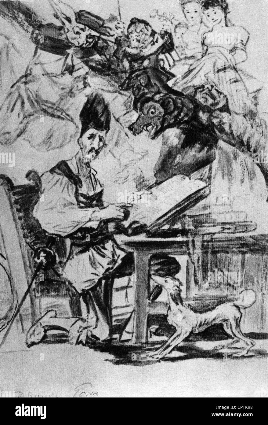 Quichote, Don, personnage d'un roman de Miguel Cervantes Saaverdra, pleine longueur, basé sur Francisco de Goya (1746 - 1828), gravure de Felix Braquemond, 1860, Banque D'Images