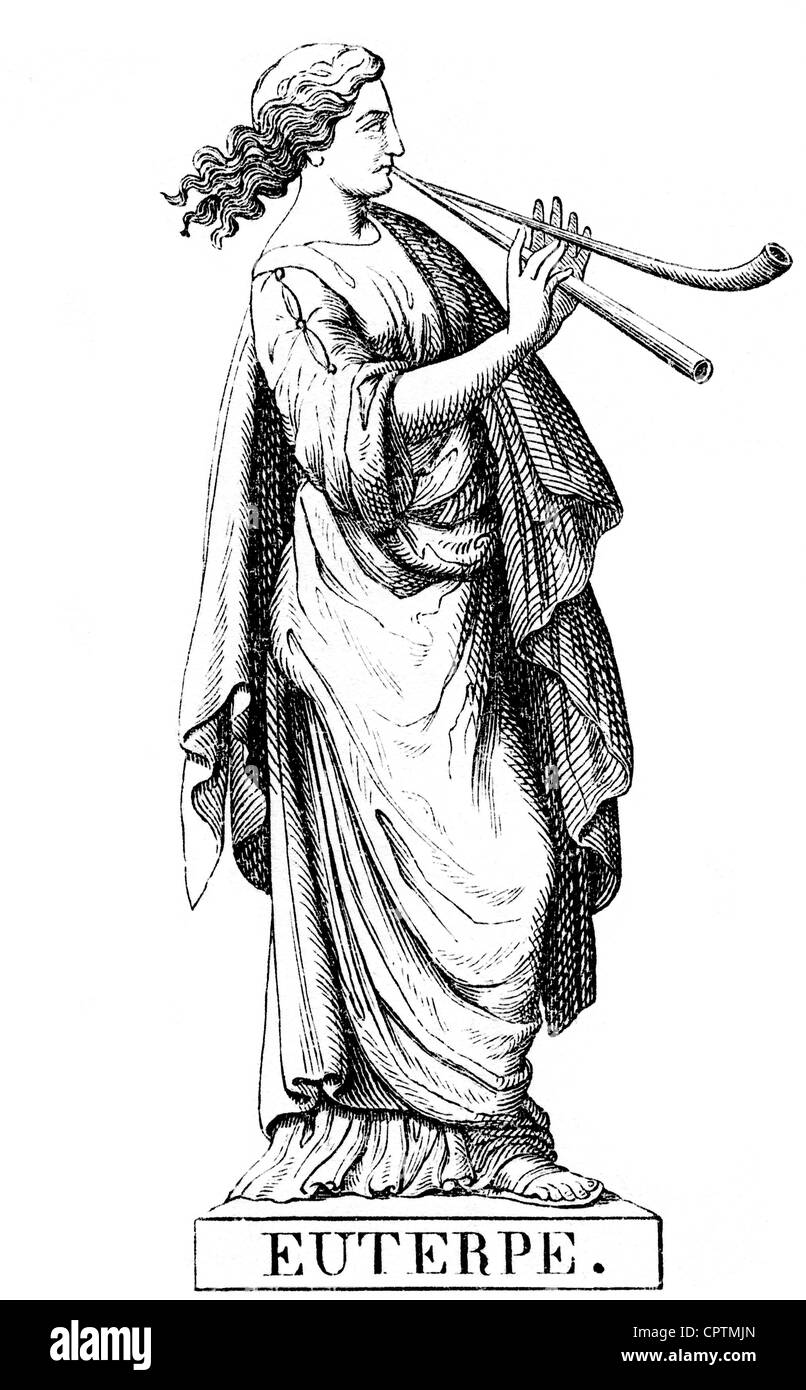 Muse, protectrices des beaux-arts dans la mythologie grecque, Euterpe, Muse de la poésie lyrique, gravure en bois, XIXe siècle, Banque D'Images