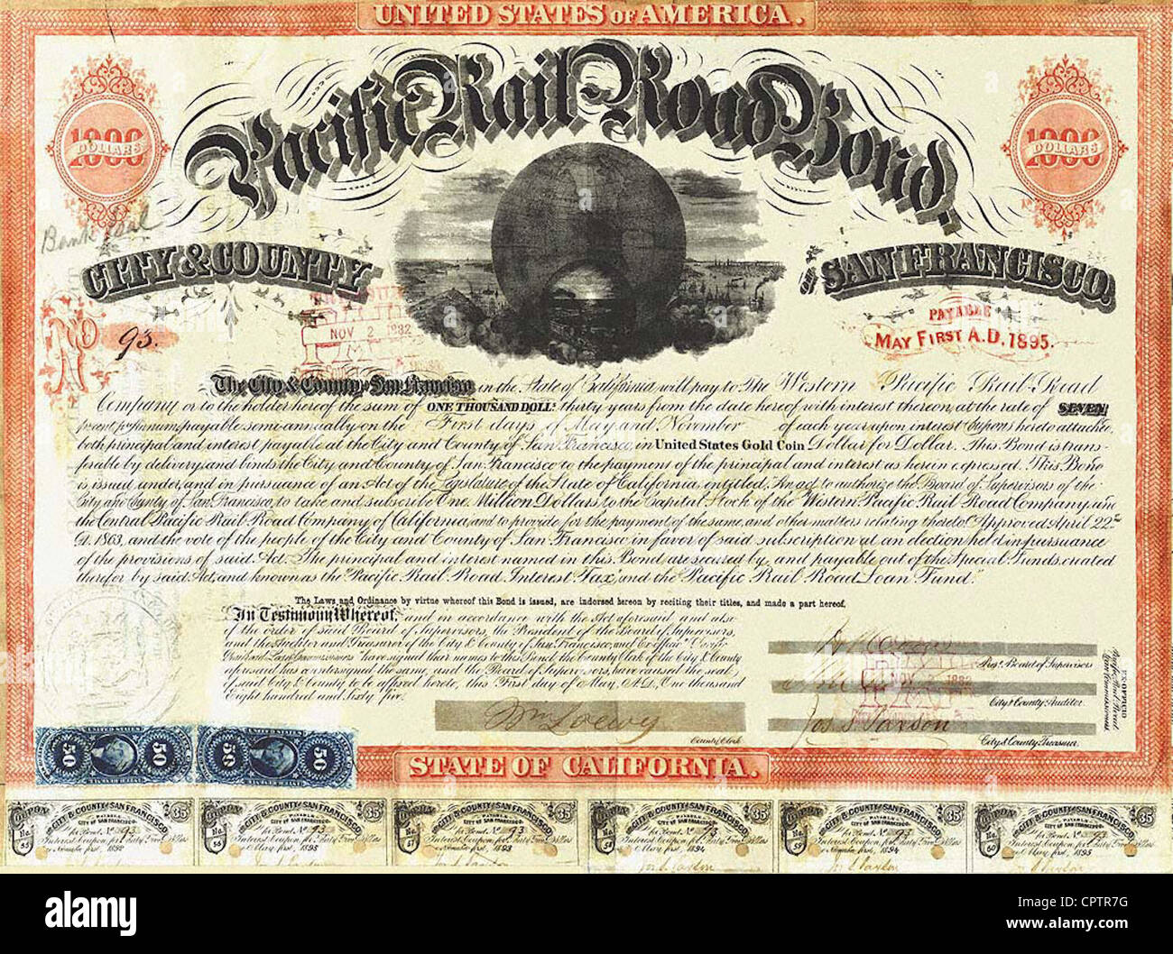 Pacific Rail Road 1000 $ d'obligations (No. 93) émis par la Ville et Comté de San Francisco (1865) Banque D'Images