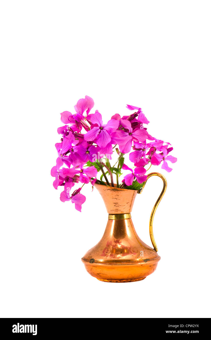 Isolé sur blanc vase en laiton et fleurs de printemps Banque D'Images