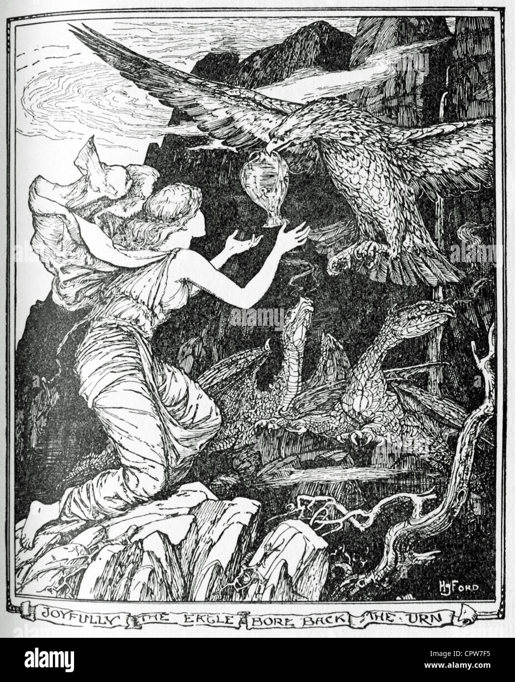 Un aigle apporte à la psyche l'urne remplie l'eau Vénus Psyché avait commandé à fetch-du mythe de Cupidon et Psyché. Banque D'Images