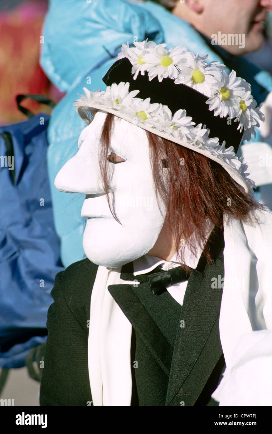 Un clown blanc face au cours des Jeux Olympiques d'hiver de 1988 à Calgary, Alberta Canada Banque D'Images