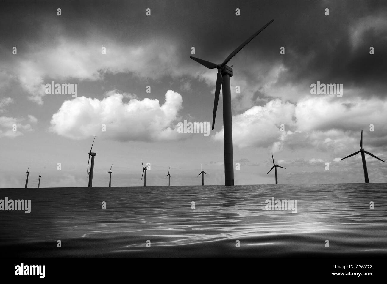 Photoshop photo montrant éoliennes au large de la côte sud de l'île de Wight, Angleterre Royaume-uni Grande-Bretagne Banque D'Images