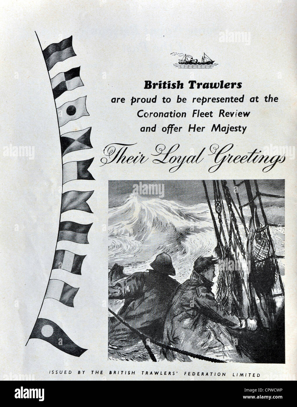 Annonce par les chalutiers britanniques dans le programme d'examen de la Flotte navale du couronnement de 1953. La Grande-Bretagne. Banque D'Images