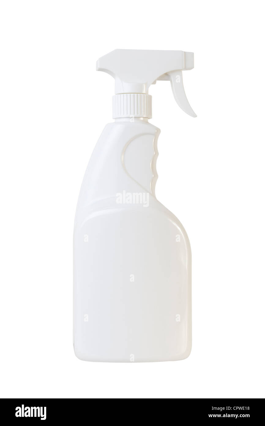 La main en plastique blanc simple bouteille de jet que celui utilisé pour les produits de nettoyage ménagers, les pulvérisations de jardin etc. Banque D'Images