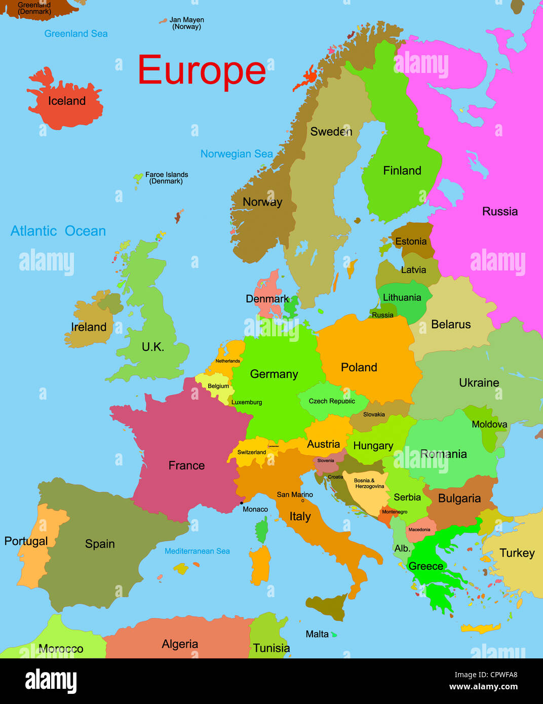 Carte vectorielle détaillée du continent européen Banque D'Images