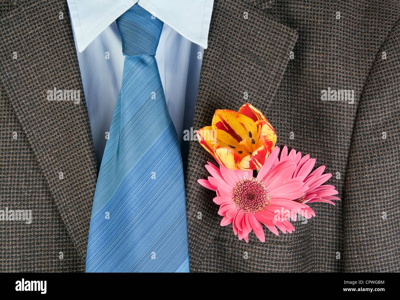 Fleurs dans une poche d'une vieille veste en tweed marron défraîchie et une  cravate bleu foncé, l'arrière-plan. Concept de la marié provincial Photo  Stock - Alamy