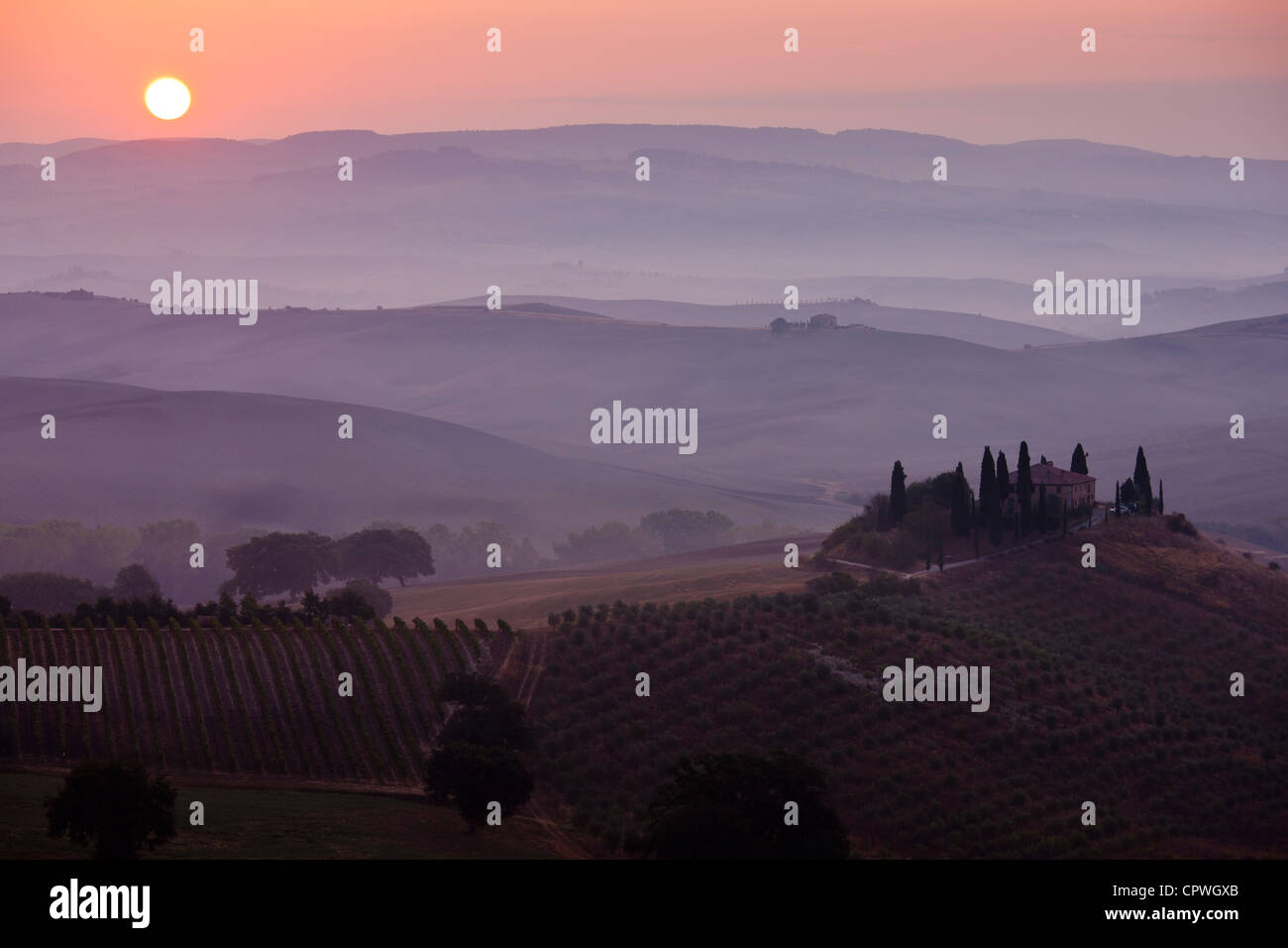 Ferme toscane typique, Il Belvedere, et le paysage à San Quirico d'Orcia en Val D'Orcia, Toscane, Italie Banque D'Images