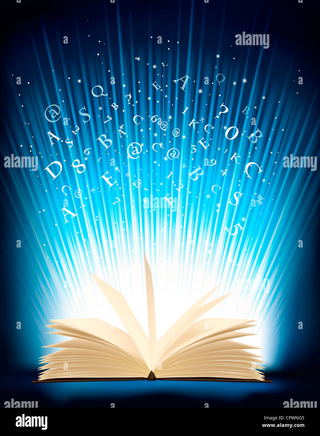 Livre de magie ouvert avec la magie de la lumière. Banque D'Images