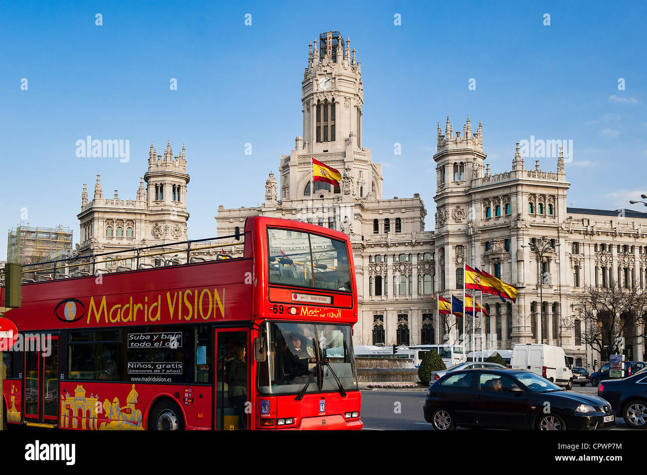 Visite de la ville de Madrid Vision bus à la Plaza de la Cibeles, Madrid, Espagne Banque D'Images