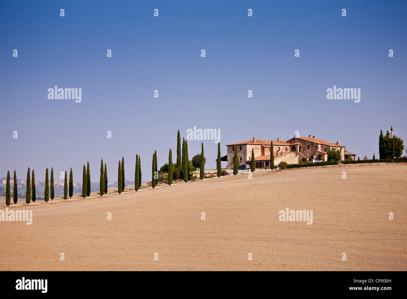 Ferme toscane typique et du paysage dans le Val d'Orcia, Toscane, Italie Banque D'Images